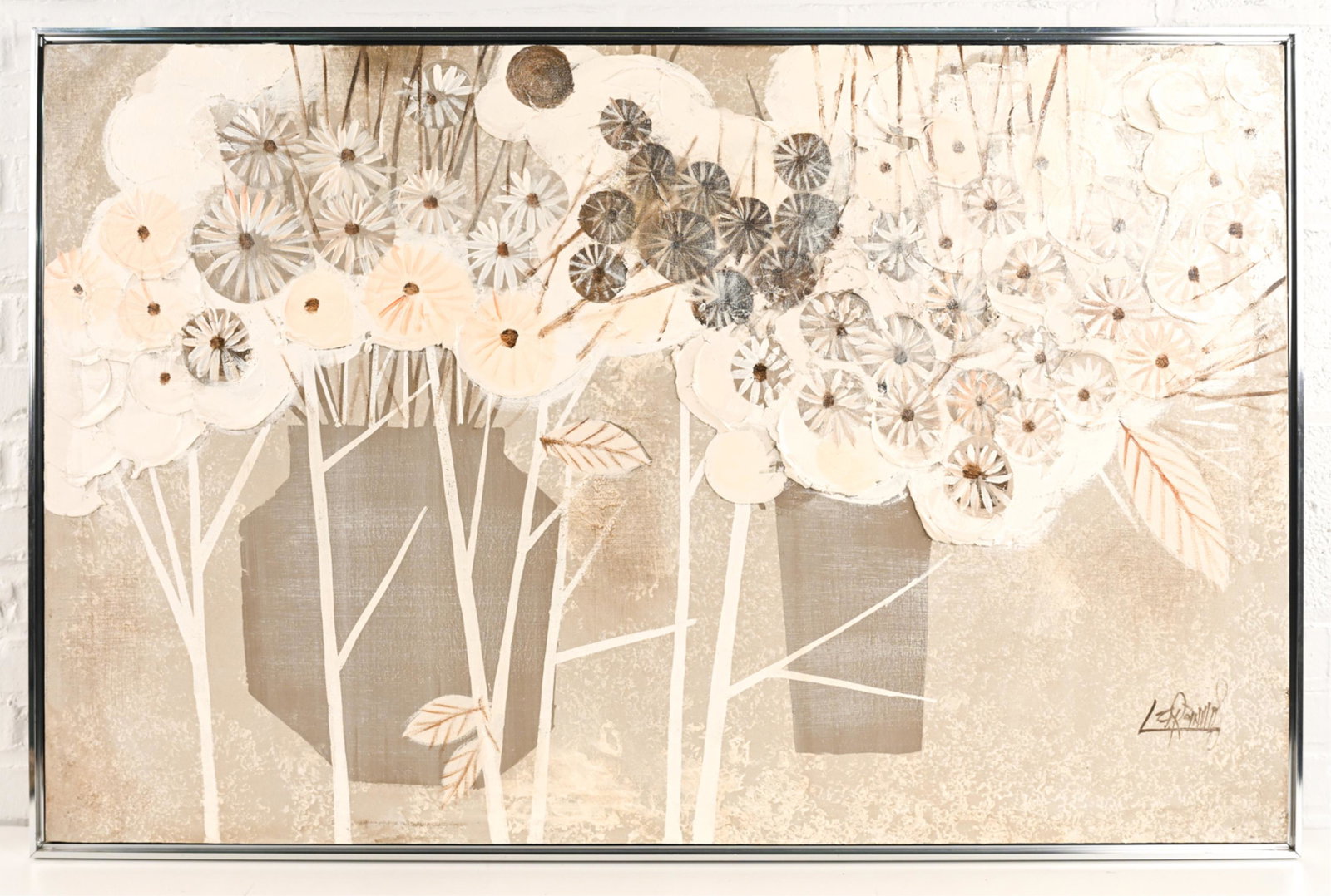 LEE REYNOLDS TEXTURED MID-CENTURY PAINTING: Still life with textured flowers. Signed lower right. Oil on canvas. Dimensions: (Frame) H 32" x W 49" Condition: Few spots of edge rubbing.