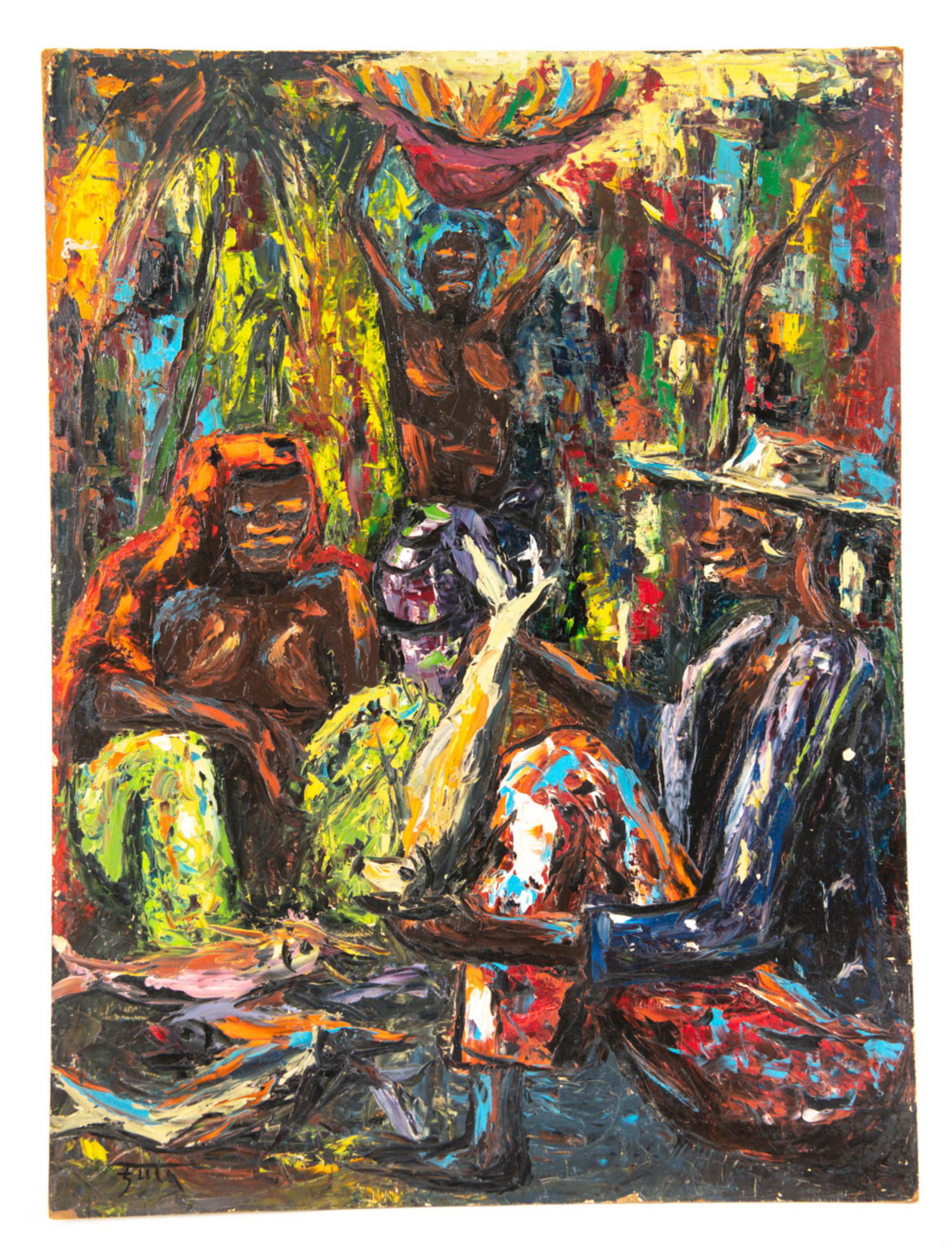 ANDRE FUTA, BAS-CONGO (B. 1931) OIL: Oil on masonite. Signed lower left. Figures at the market. Dimensions: H 32" x W 24" Condition: Some small paint losses and scratches. Andre Futa was well-educated, left professional school in 1946, a