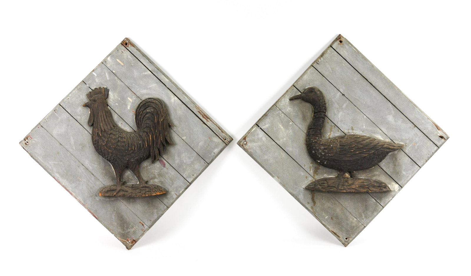 PAIR FOLK ART SALVAGED WOOD RELIEF-CARVED PLAQUES (1 of 14)