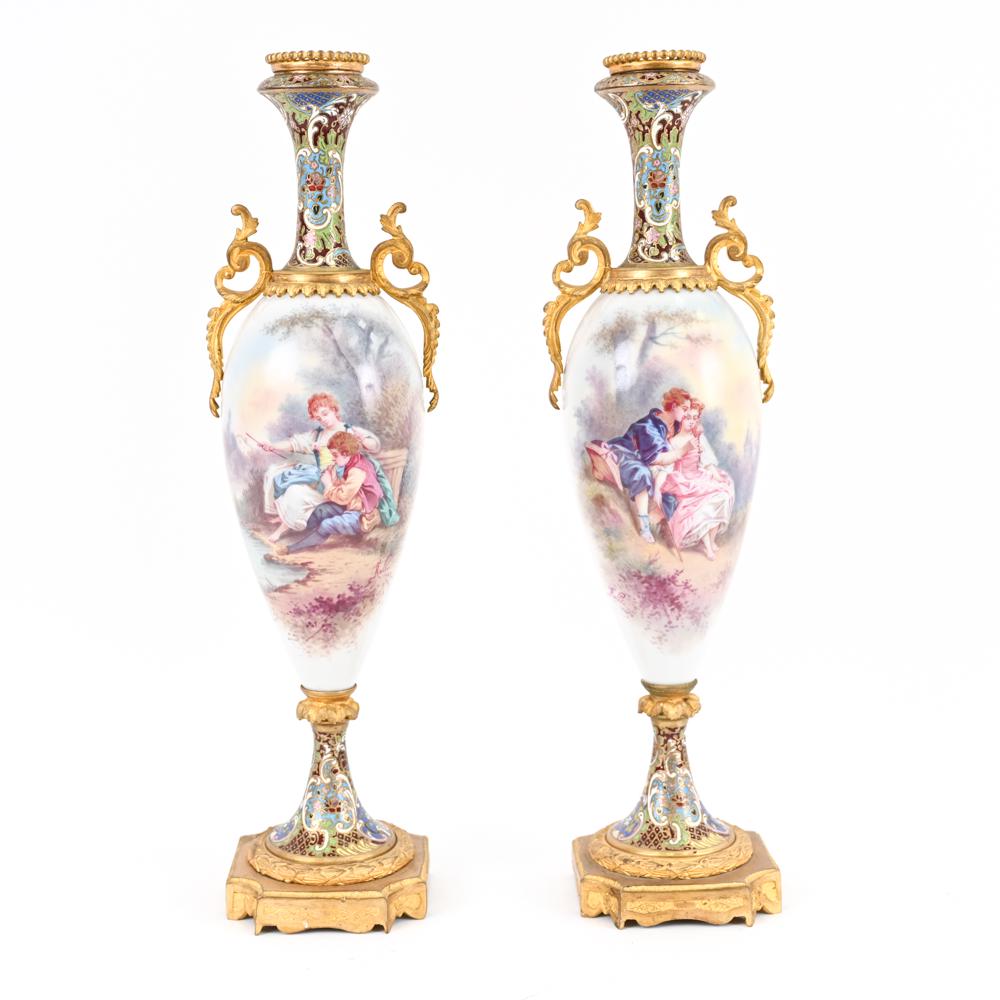 PAIR 19TH C. SEVRES STYLE MOUNTED PORCELAIN URNS (1 of 18)