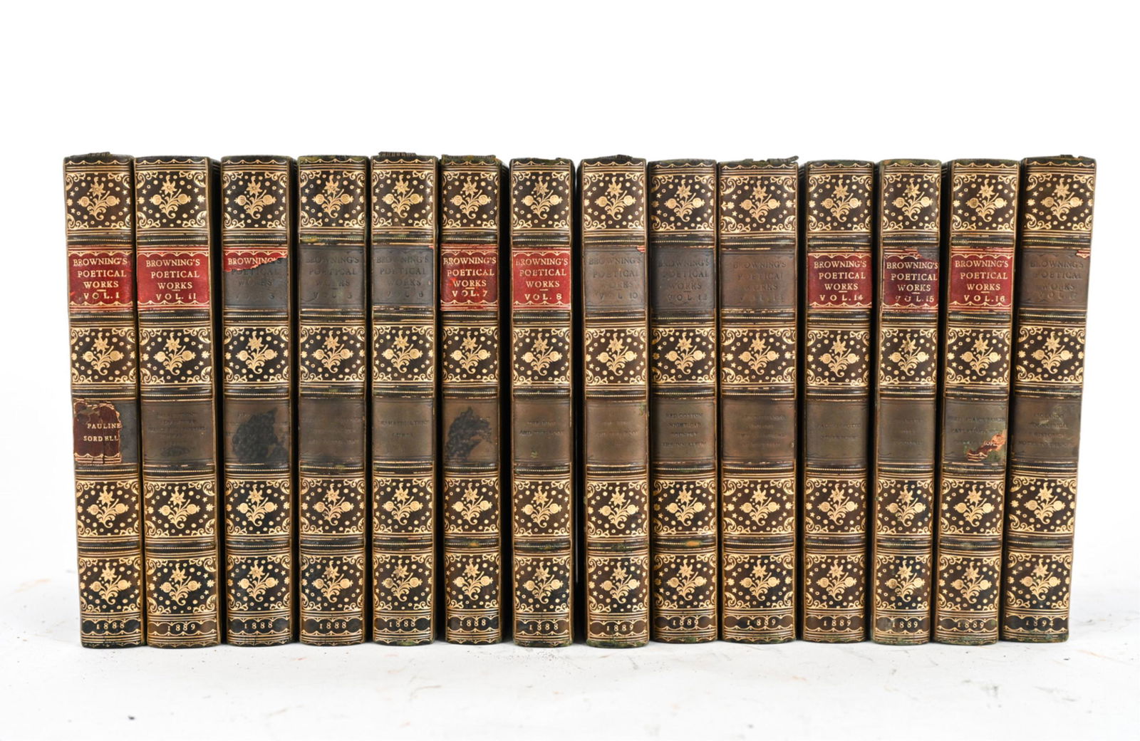 19TH C. BROWNING'S POETICAL WORKS, (14) VOLUMES: Near complete set of the political works of Robert Browning, leather bound, pub. Smith, Elder, & Co. London, 1888-1894. Limited edition of 250 copies. Includes (14) of original 16 volumes. Dimensions: