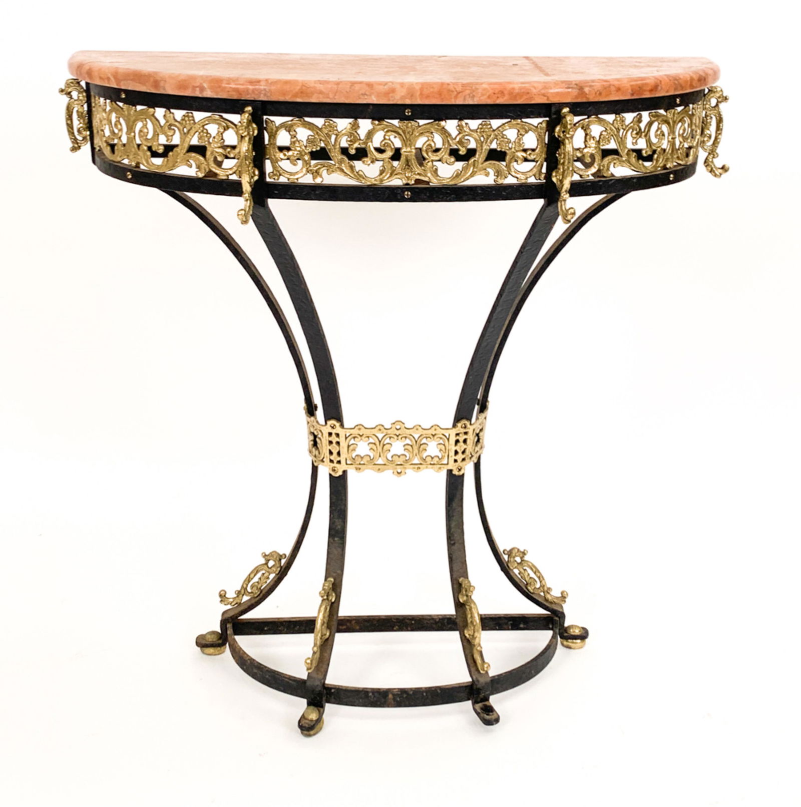VINTAGE MARBLE TOP BRASS & IRON DEMILUNE TABLE (1 of 10)