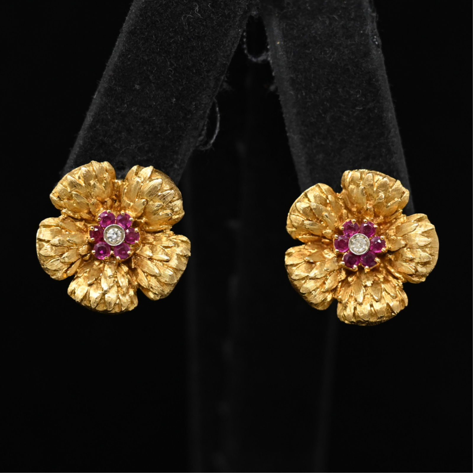 18K GOLD, RUBY & DIAMOND FLOWER EARRINGS (1 of 11)
