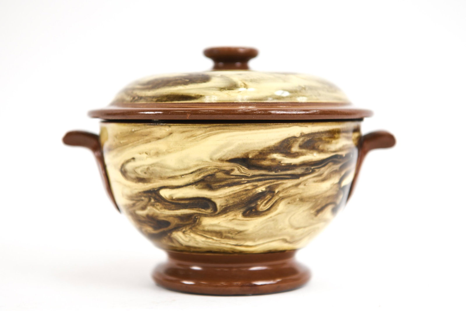 ANTIQUE FRENCH PICHON TERRE MELEE POTTERY TERRINE: Coveted terre melee clay only found in a tiny region in Provence. When cooked, the poterie produced these colors without applied glaze. The Pichon family are masters at using this clay for poteries si
