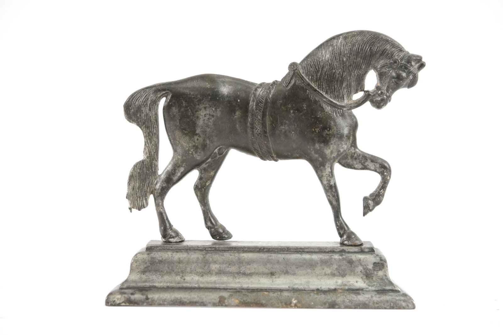 VINTAGE EQUESTRIAN CAST IRON HORSE DOOR STOP: Vintage metal prancing horse door stop with very nice patina. Apparently unmarked. Dimensions: H 9.75" x W 10.75" x D 2.5" Condition: Loss to horses tail. Rich patina consistent with age and use.