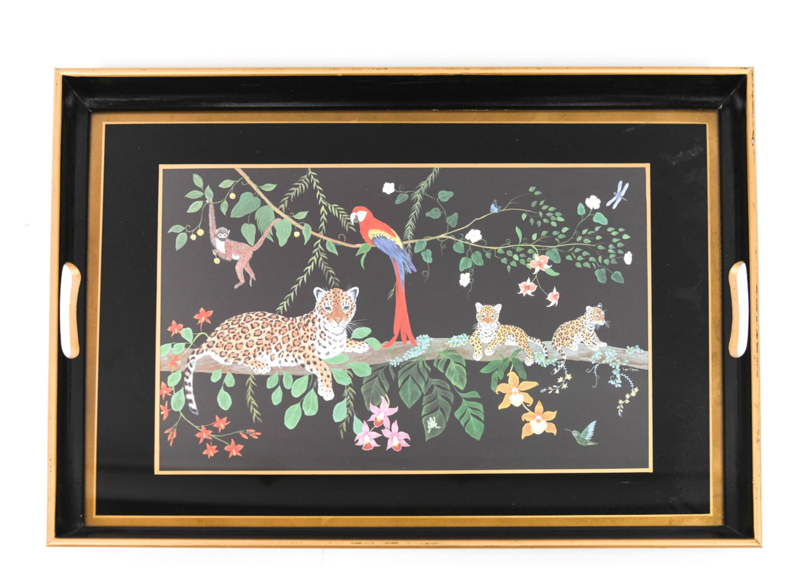 LYNN CHASE FOR CHASE LTD. TRAY: With label underneath: Lynn Chase design for Chase Ltd., by Lady Clare Ltd. Depicting jungle animals. Signed Lynn Chase lower right. Dimensions: H 1.25" x W 21.75" x D 15.25" Condition: Some small pai