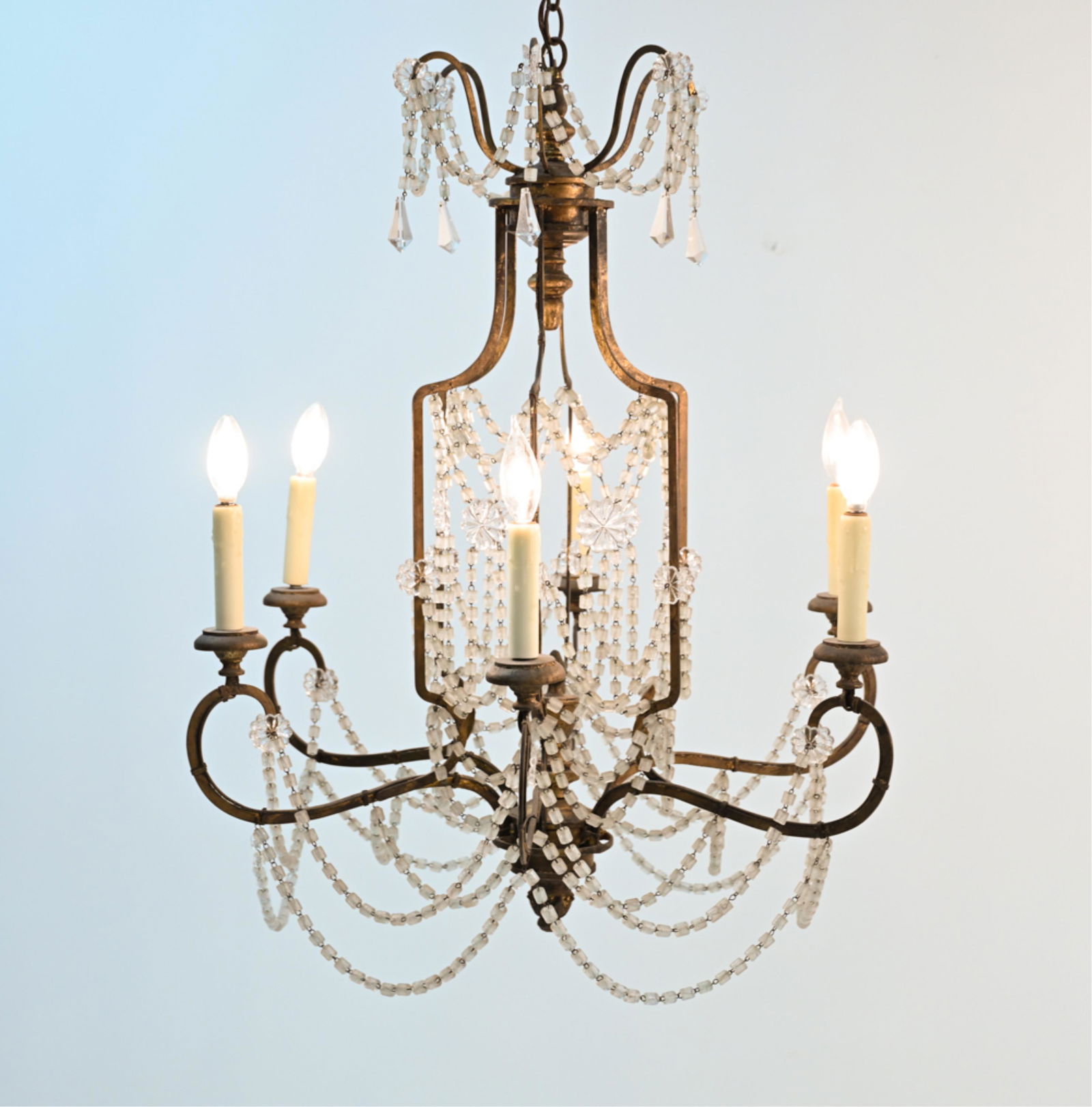 ORNATE FRENCH GILT METAL DROP CRYSTAL CHANDELIER (1 of 11)