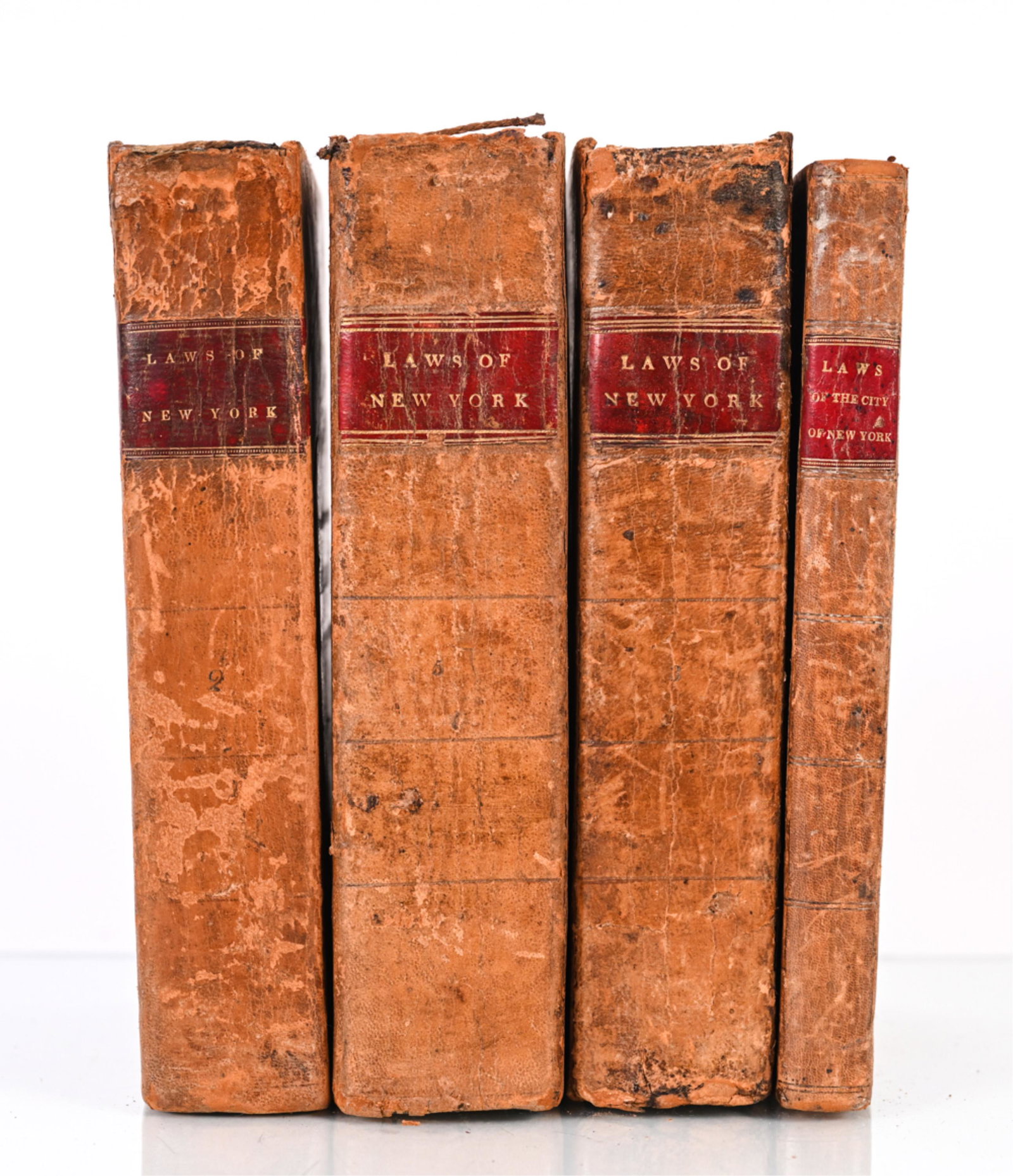 (4) VOL. LAWS OF THE CITY & STATE OF NY, 1813-1821: Includes (3) Volumes Laws of the State of New York, dated 1813, 1815, and 1819; and (1) Volume Laws and Ordinances of the City of New York, 1821; all with embossed nameplate of Samuel B. Harper. Full 