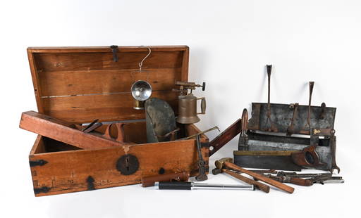 GROUPING OF VINTAGE & ANTIQUE TOOLS & TOOL BOXES: Grouping of antique tools, including a hand planer and lantern, with large wood chest and galvanized tool box. Dimensions: (Large chest) H 11.5" x W 32" x D 16.5" Condition: As-is, showing wear consis