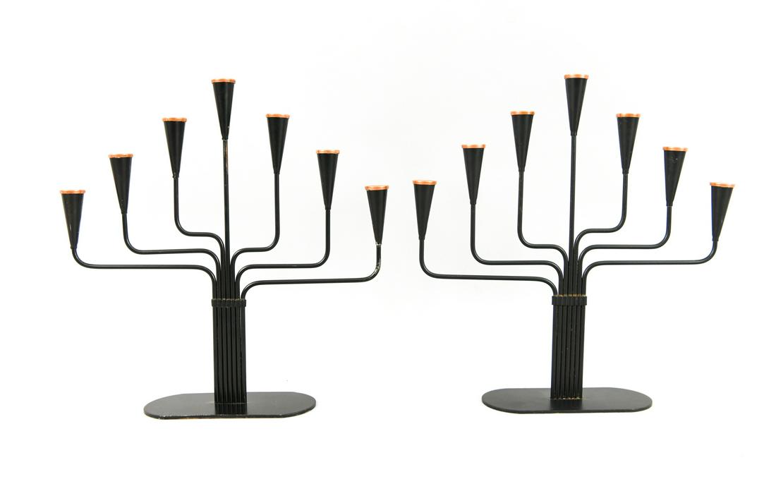 PAIR OF GUNNAR ANDER FOR YSTAD-METAL CANDELABRAS: Pair of Swedish mid-century 7-light candelabras. Designed by Gunnar Ander for Ystad-Metall. Apparently unmarked. Dimensions: H 11.25" x W 11.25" x D 2.5" Condition: Some finish losses and surface wear