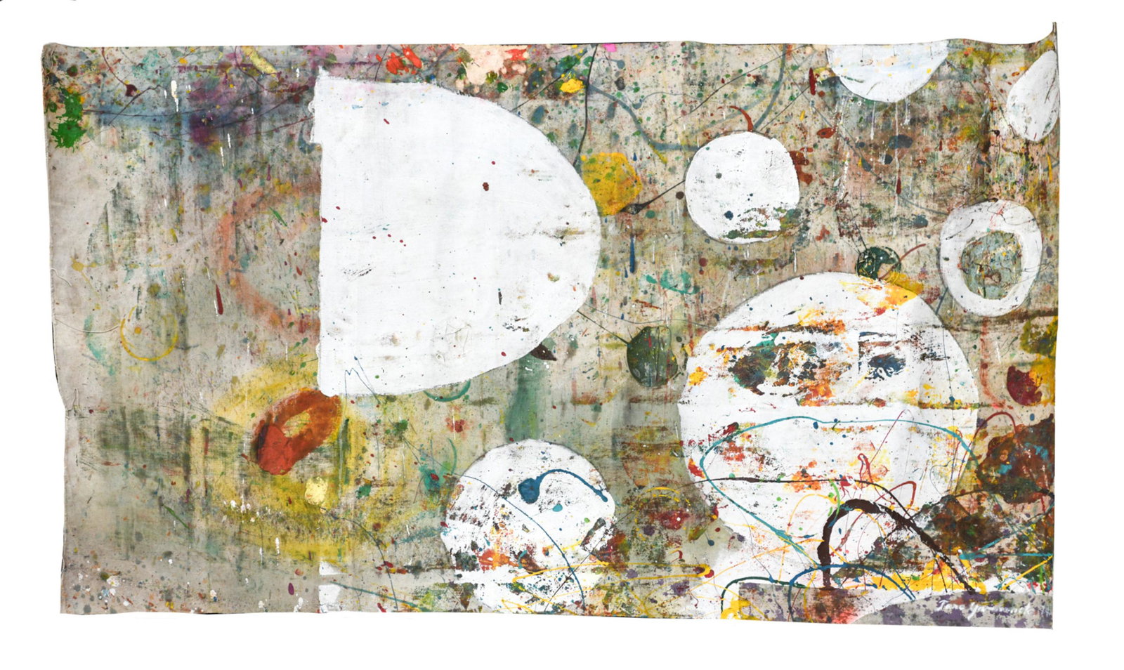 TORO YAMAMOTO (1919-1994) UNSTRETCHED PAINTING '74: Unstretched, still on the roller. Signed and dated '74 lower right. Pigments on canvas. Dimensions: H 36" x W 63" Condition: On the roller. Unstretched. Some wrinkling to edge of canvas.