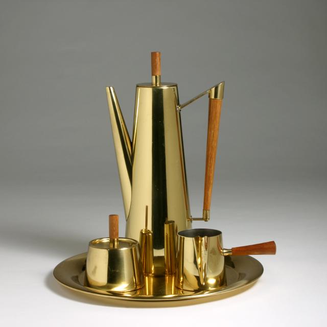 ITALIAN BRASS & WOOD COFFEE SERVICE: Italy, c. 1960's. Comprising a coffee pot, sugar bowl, creamer, and tray. Brass, wood. Coffee pot stamped with makers mark, "PM" and "Italy", creamer and sugar bowl stamped "Made Italy" and "PM", tray
