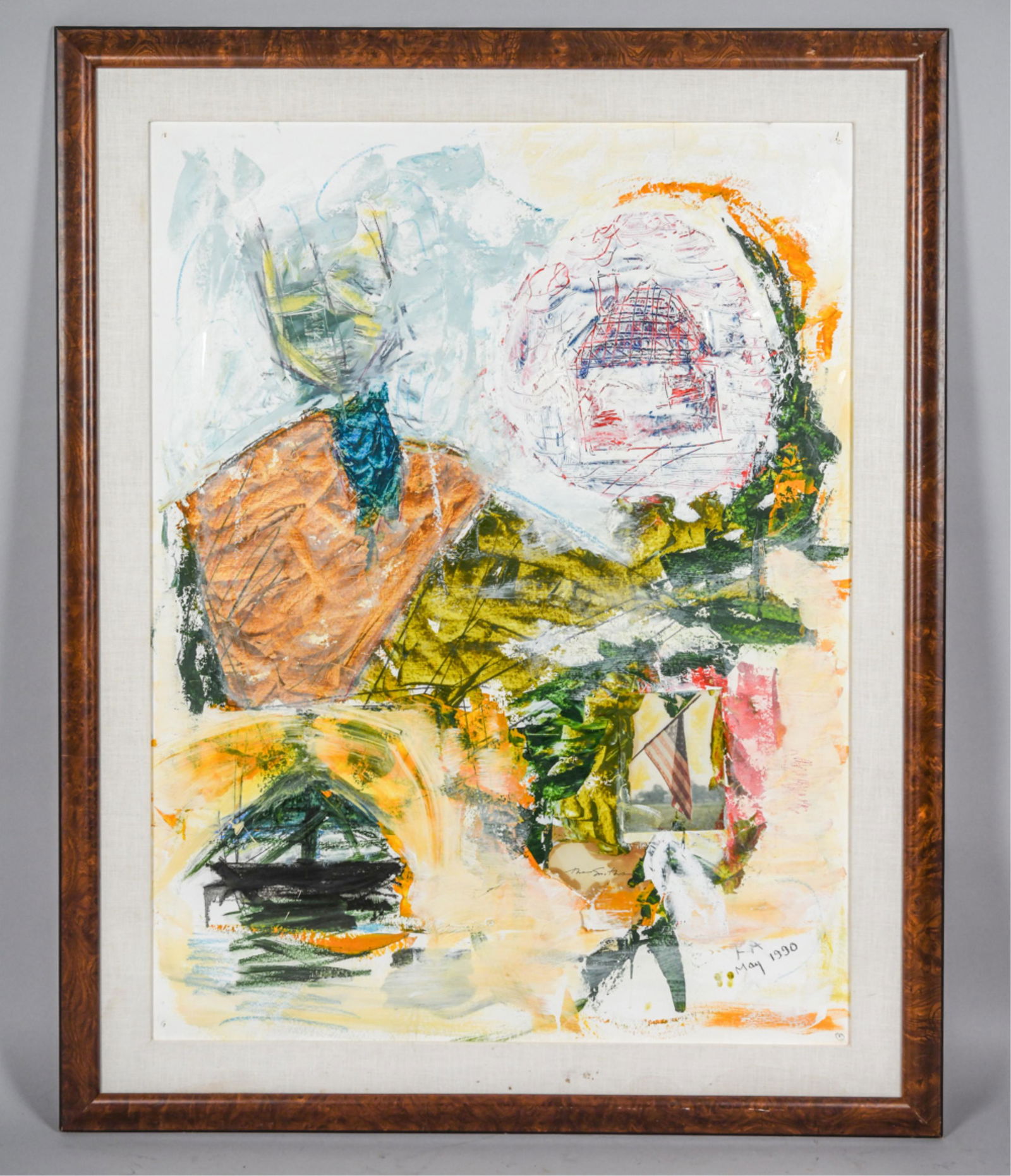 KHALIL AYOUBI (B. 1946) MIXED MEDIA: Mixed media with texture. Appears to be acrylic, gouache, collage, photograph, etc. Initialed KA and dated May 1990. Dimensions: (Frame) H 59.25" x W 47.5" (Sight) H 49" x 37.5" Condition: Paper with
