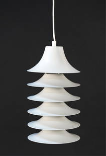 1960'S JORGEN GAMMELGAARD TIP TOP PENDANT LIGHT: "Tip Top" pendant light in white powder coated metal designed by Jorgen Gammelgaard for Fog & Morup, c. 1960's. Dimensions: (Pendant only) H 13" x Dia. 7.5" Condition: Wiring not tested. Showing very