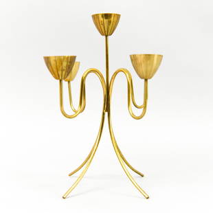 GUNNAR ANDER FOR YSTAD CANDELABRA: Swedish mid-century brass flower-form 5-light candelabra. Designed by Gunnar Ander for Ystad-Metall, c. 1960's. Apparently unmarked. Dimensions: H 9" x W 6.25" x D 5.25" Condition: Some tarnish and