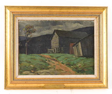 HORACE BROWN (1878-1949) O/C: Titled on back "Old Barns" Dimensions: (Frame) H 15.75" x W 20" x D 1.5" (Canvas) H 12" x W 16" Condition: Some losses to paint on frame.