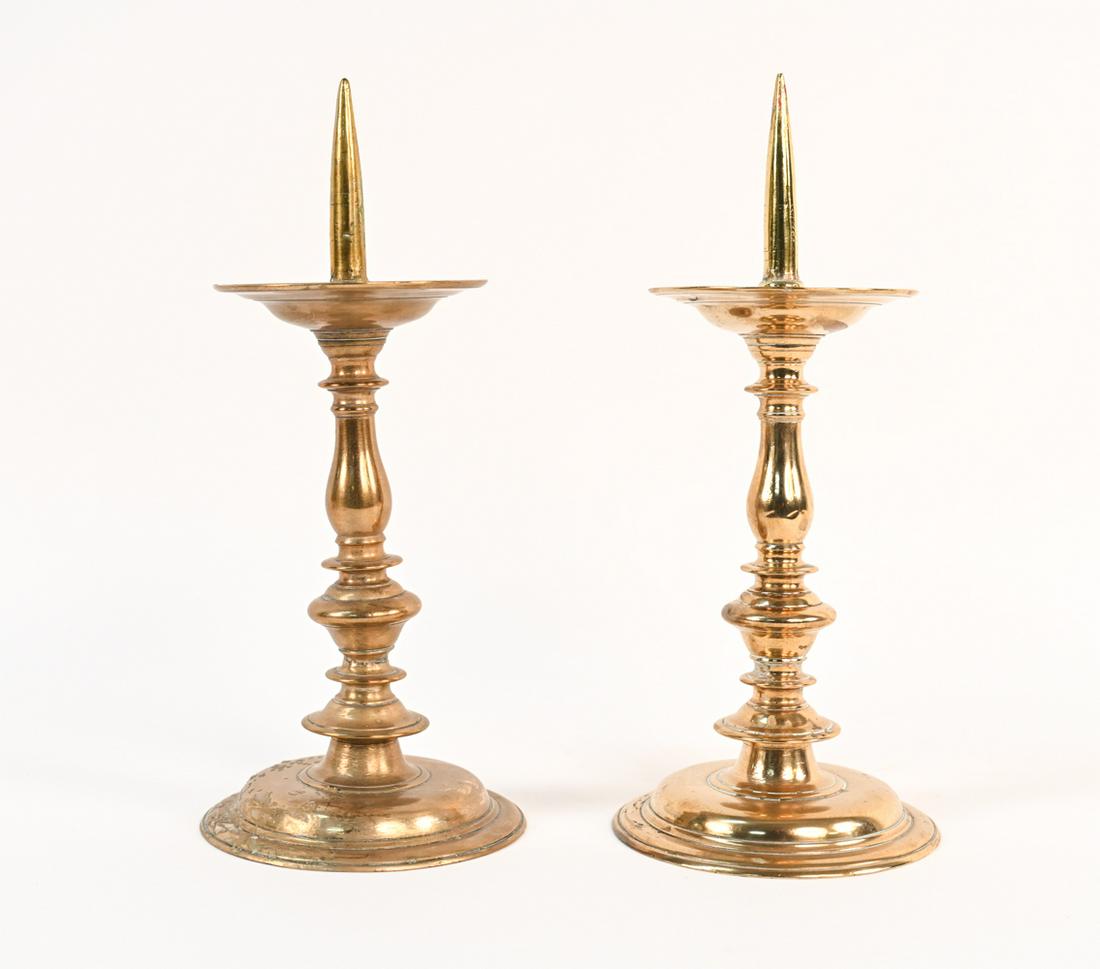 PAIR OF ANTIQUE BRASS CANDLE PRICKS (1 of 9)