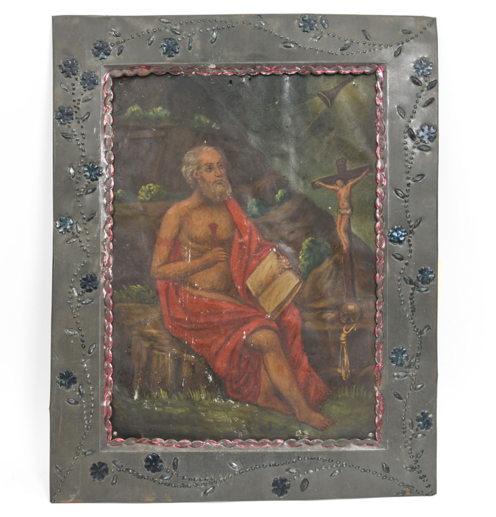 LARGE ANTIQUE MEXICAN RETABLO ST. JEROME (1 of 7)