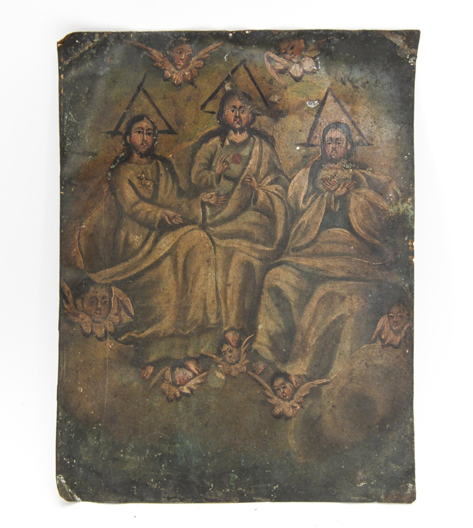 MEXICAN RETABLO ON TIN: Painting of the Holy Trinity. Dimensions: H 10" x W 7.75" Condition: Dirty surface. Some paint loss. Bumps to corners. Bending to tim.