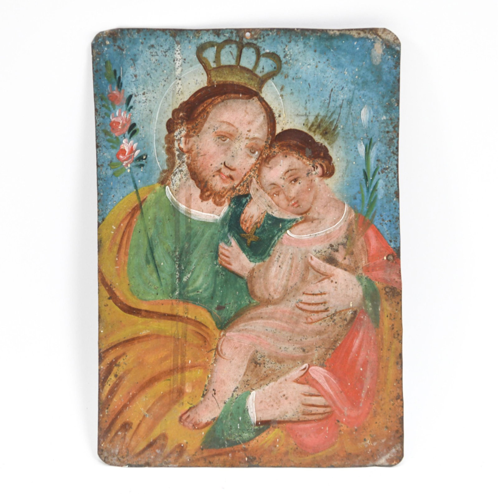 MEXICAN RETABLO ON TIN: Antique painting. Good colors. Dimensions: H 9.75" x W 6.75" Condition: Rubbing, paint losses. Corner dings. Hole upper edge.