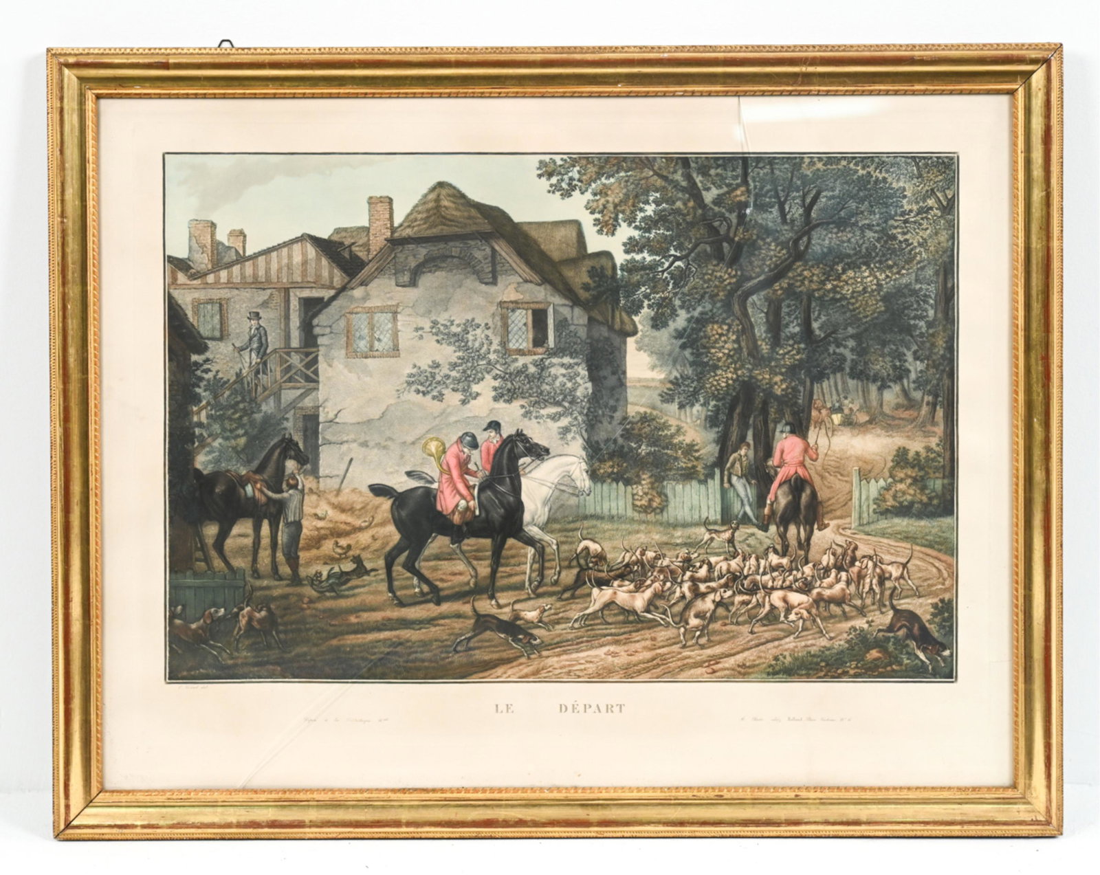 ANTIQUE COLOR MEZZOTINT AFTER VERNET: Large hand-colored mezzotint, appears to date to the Early 19th C. Titled "Le Depart". Dimensions: (Frame) H 25" x W 32" (Sight) H 22" x W 28.75" Condition: Colors fresh, paper is clean. One tear in r