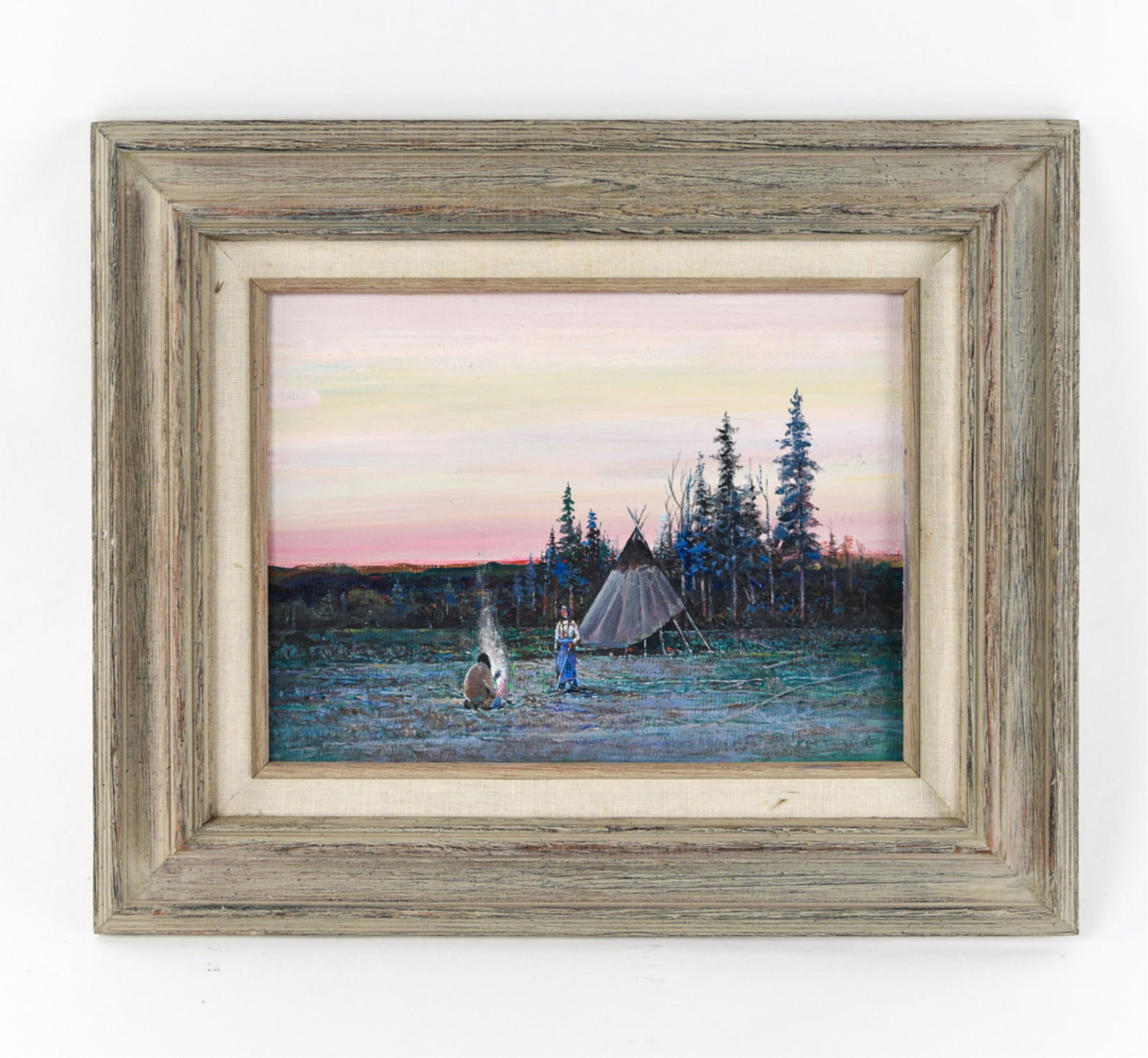 H. HAWKS OIL ON CANVAS BOARD WESTERN SCENE: Signed in pen lower right. Depicting Native Americans. Dimensions: (Frame) H 14.75" x W 17.75", (Canvas board) H 9" x W 12" Condition: Light frame wear.