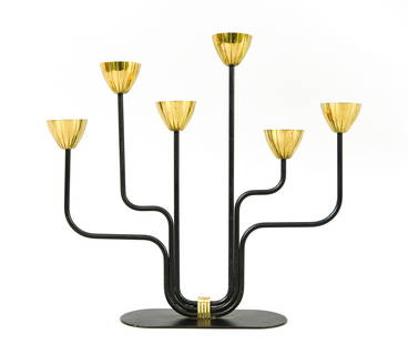 GUNNAR ANDER FOR YSTAD CANDELABRA: Swedish mid-century flower-form 6-light candelabra. Designed by Gunnar Ander for Ystad-Metall, Sweden. Marked underneath. Dimensions: H 10.5" x W 11.25" x D 2.5" Condition: Some light tarnish, few