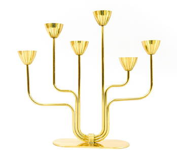 GUNNAR ANDER FOR YSTAD-METAL CANDELABRA: Swedish mid-century brass flower-form 6-light candelabra. Designed by Gunnar Ander for Ystad-Metall, Sweden. Marked underneath. Dimensions: H 10.5" x W 11.25" x D 2.5" Condition: Some light tarnish