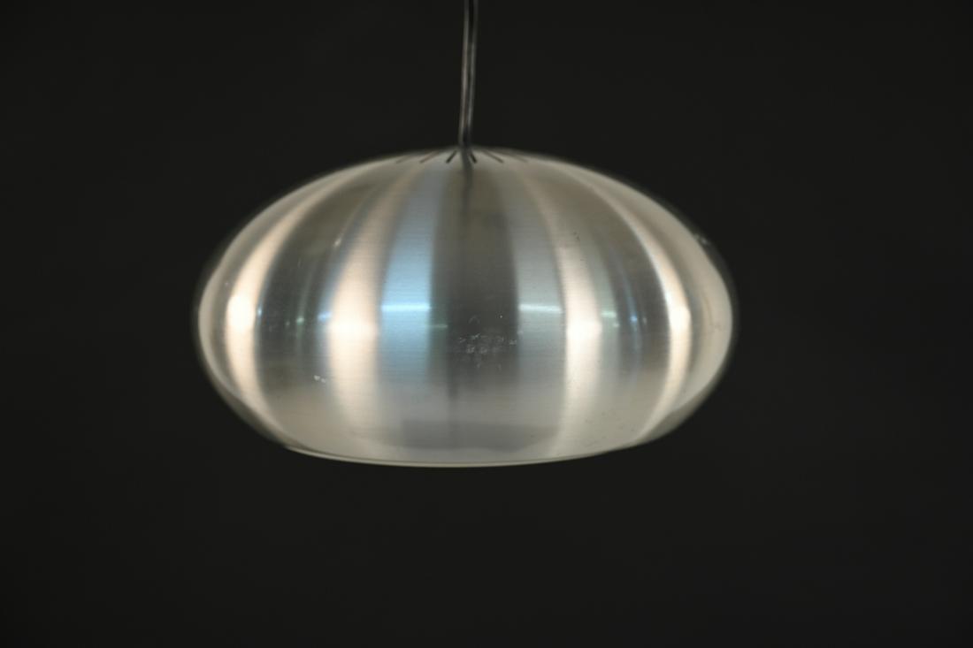 HAMMERBORG BRUSHED ALUMINUM "ORIENT" PENDANT LIGHT: Jo Hammerborg brushed aluminum "Orient" pendant light. Dimensions: H 6.5" x Dia. 13" Condition: Brushed aluminum exterior shell shows small specks and minor rubs and marks. No deep scratches. Interior