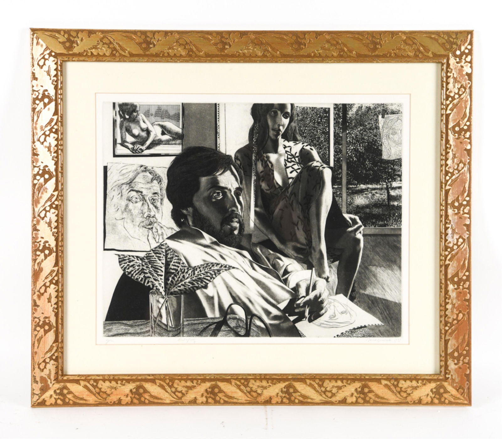 DAVID BUMBECK (B. 1940) ETCHING "JOHN": Pencil signed and dated 1979. Titled: John, Artist proof. Good impression. Dimensions: (Frame) H 23.25" x W 27.25" x D 0.5" (Canvas) H 16" x W 20" Condition: Some rubs to frame.