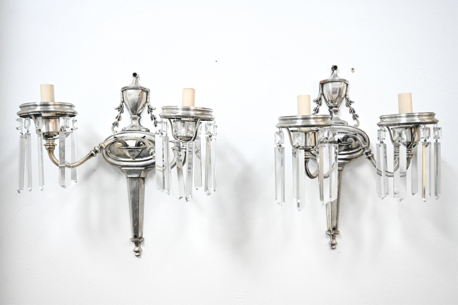 PAIR SILVERED BRASS & CRYSTAL EMPIRE STYLE SCONCES (1 of 14)