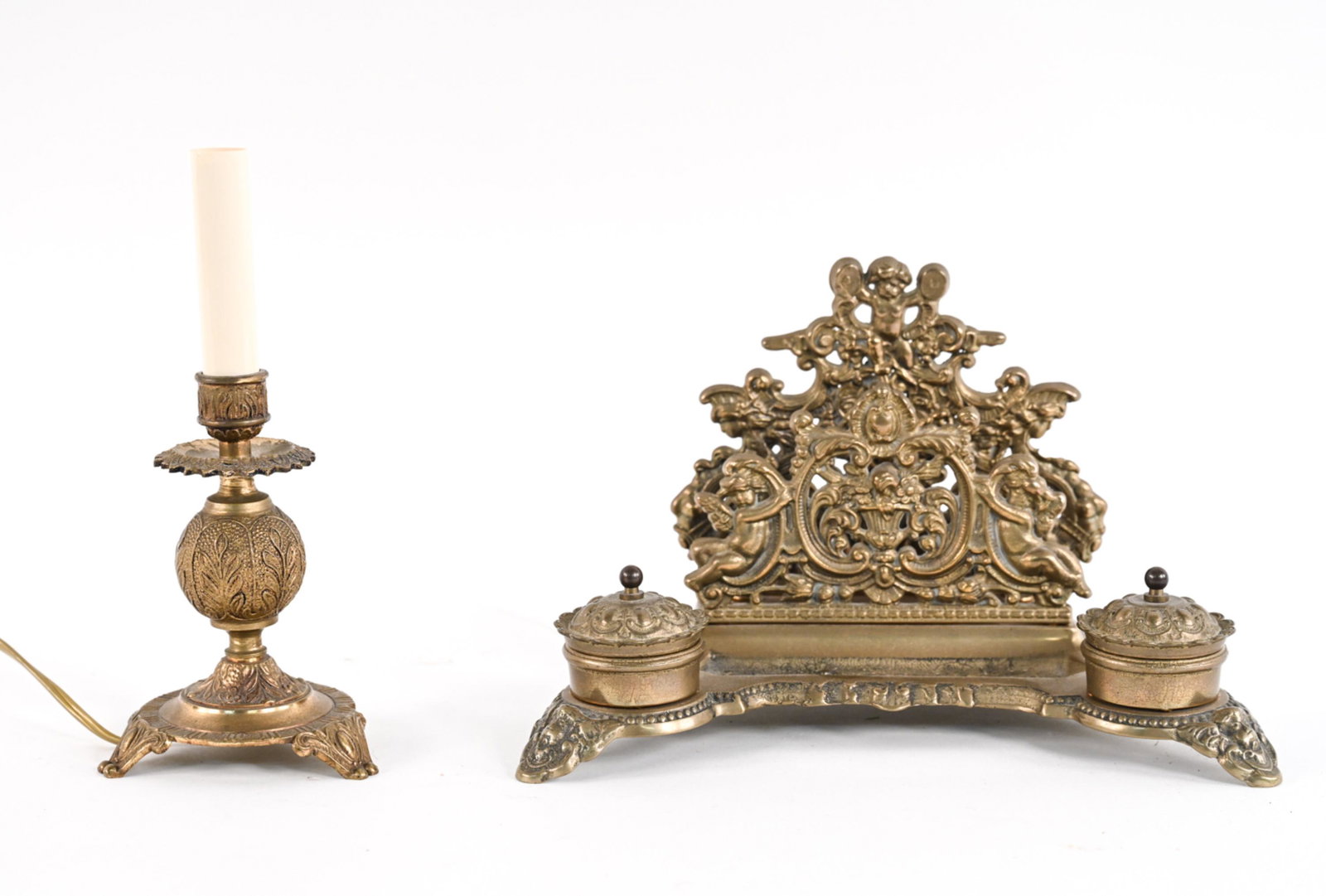 ANTIQUE BRASS DOUBLE INKWELL & LAMP (1 of 13)