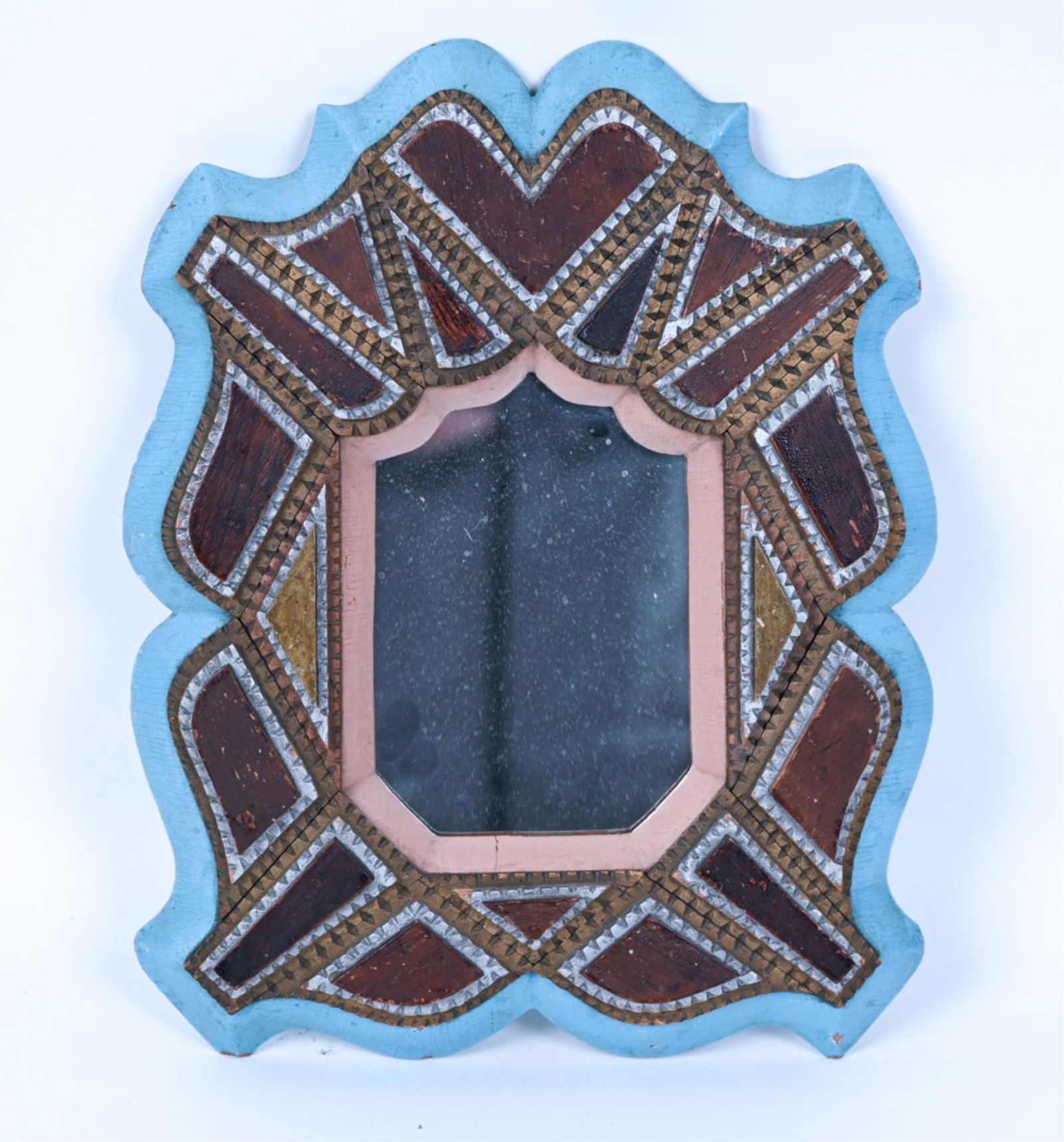 FOLK ART CARVED & PAINTED TRAMP ART WALL MIRROR (1 of 7)
