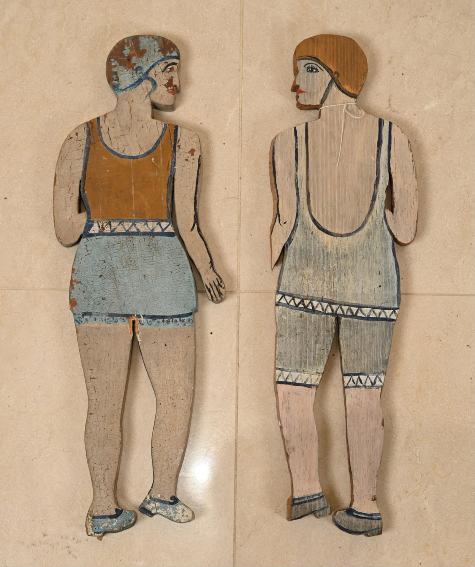 (2) FOLK ART PAINTED WOODEN SWIMMER FIGURES (1 of 8)