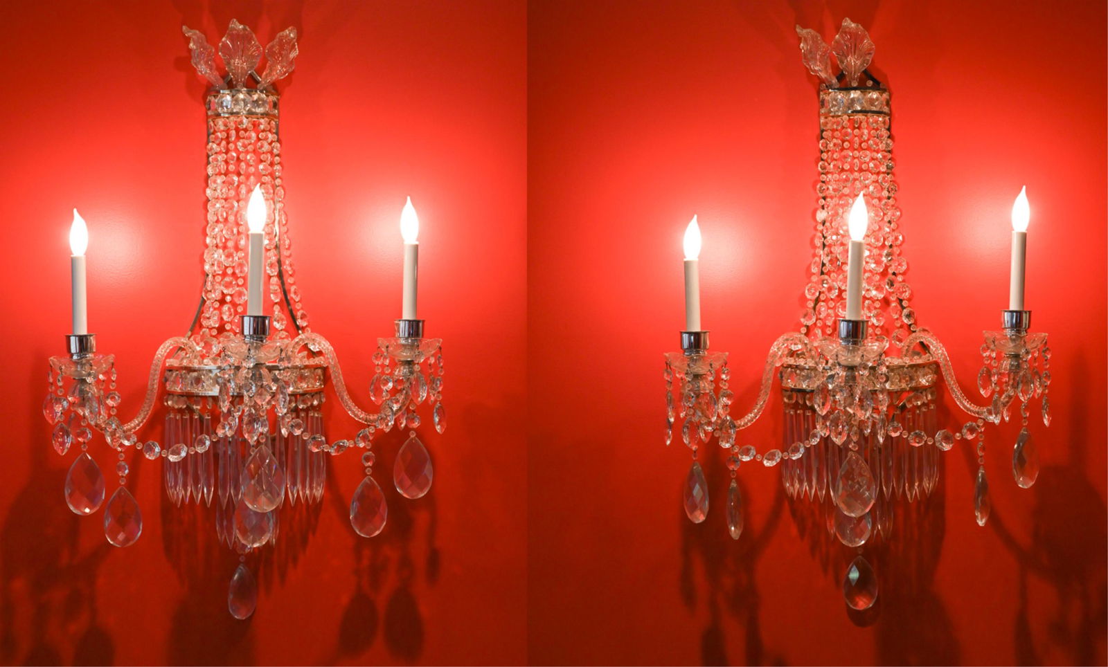 PAIR OF ORNATE DROP CRYSTAL SCONCES (1 of 14)