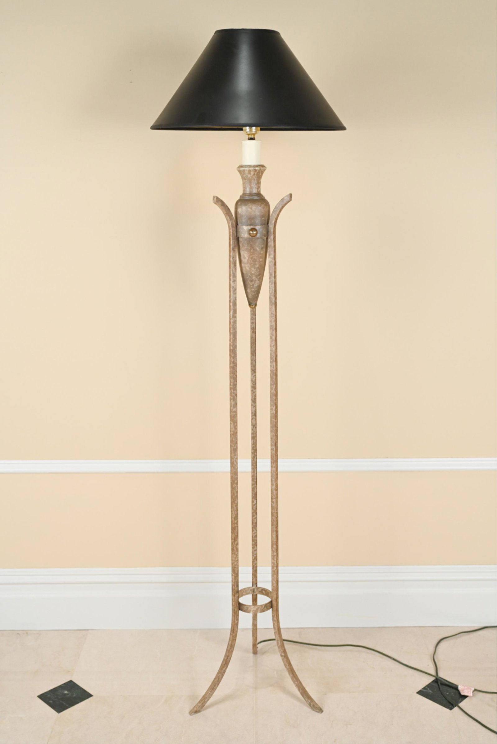 CONTEMPORARY AMPHORA FLOOR LAMP: Contemporary floor lamp with mottled surface, central amphora at top. Dimensions: (Incl. shade) H 58.5" x Dia. 15" Condition: Few dings to top rim of shade.