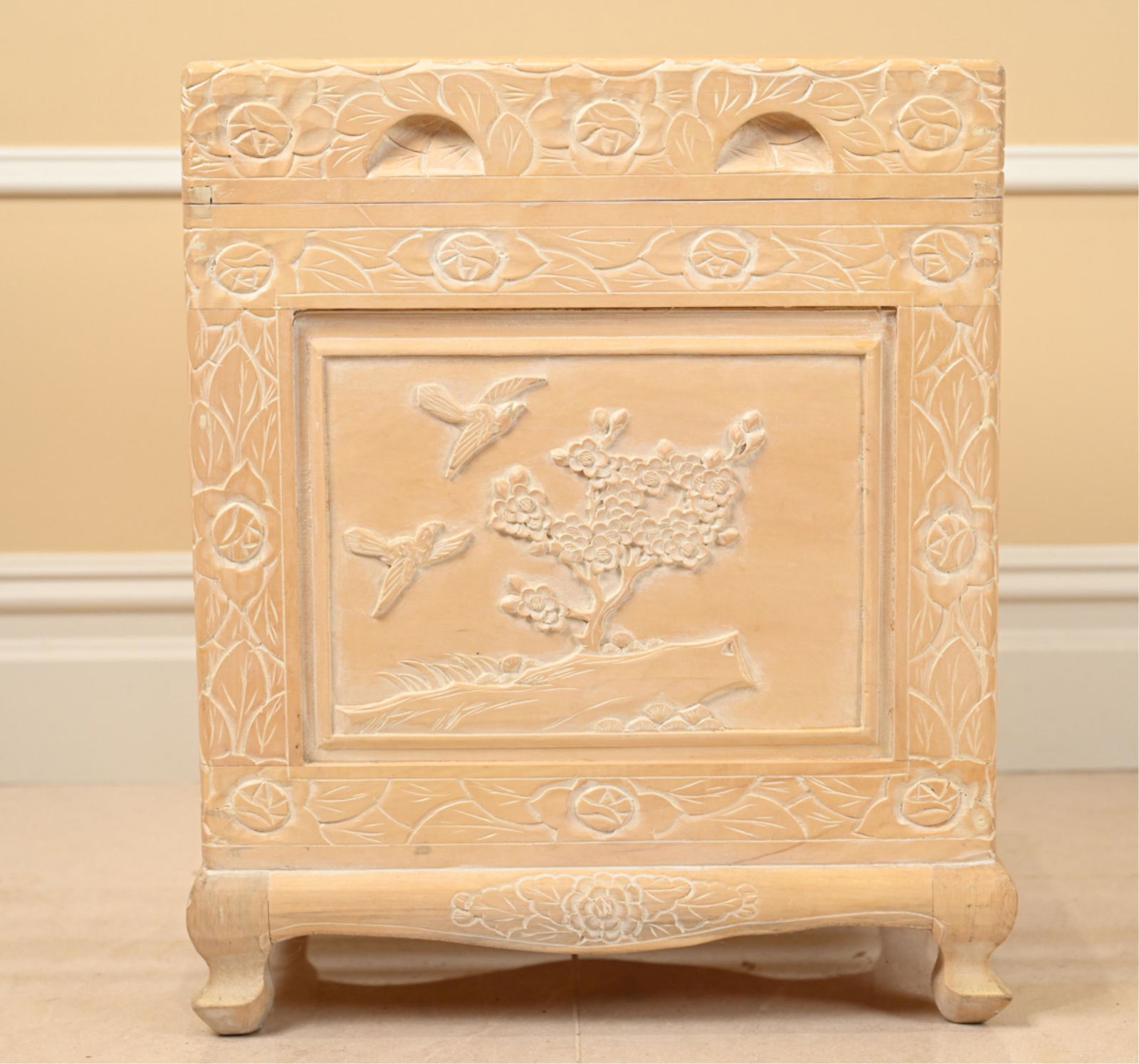 MODERN CARVED PINE CHEST W/ JAPANESE MOTIF (1 of 10)