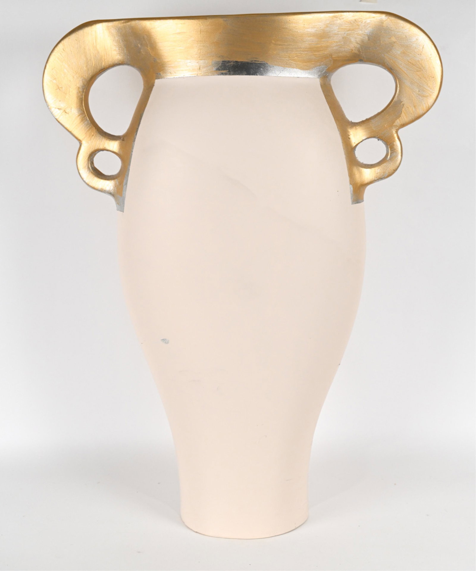 GREEK-STYLE PLASTER ENVELOPE FLOOR VASE: Architectural envelope-style vase or urn in plaster with silvertone foil or leaf and gold paint decoration. Apparently unsigned. Dimensions: H 26.5" x W 19.5" x D 5" Condition: A few minor scuffs/mark