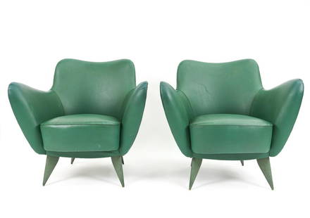 PAIR OF GUGLIELMO VERONESI FOR ISA "PERLA" CHAIRS: A pair of organic lounge chairs / armchairs. Designed by Guglielmo Veronesi, model "Perla". Produced by I.S.A. Bergamo, Italy, 1950's. Originally purchased for $9,500 each. In forest green faux