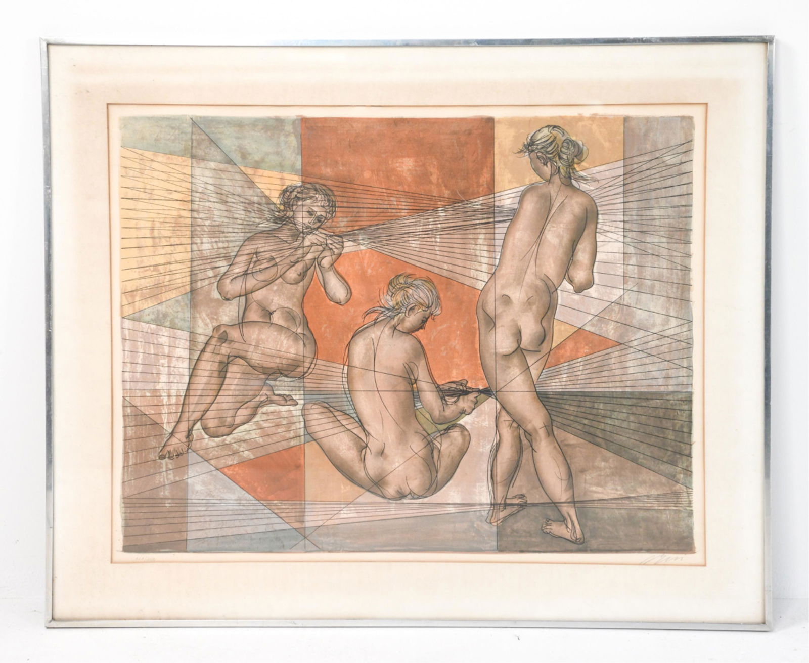 HANS ERNI SWISS 1909-2015 LITHOGRAPH: Colored lithograph, nude women. Pencil signed and numbered 111/150. Dimensions: (Frame) H 32.5" x W 33.5" (Sight) H 25" x W 32" Condition: Paper with age toning. Slightly wavey in the frame. Mat with
