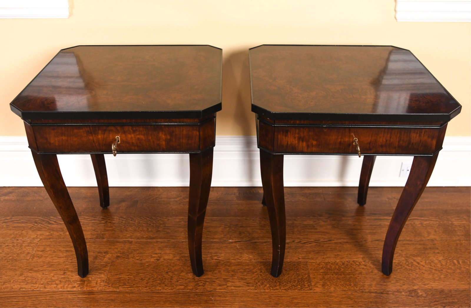 PAIR OF WILLIAM SWITZER BURL FINISH END TABLES (1 of 6)