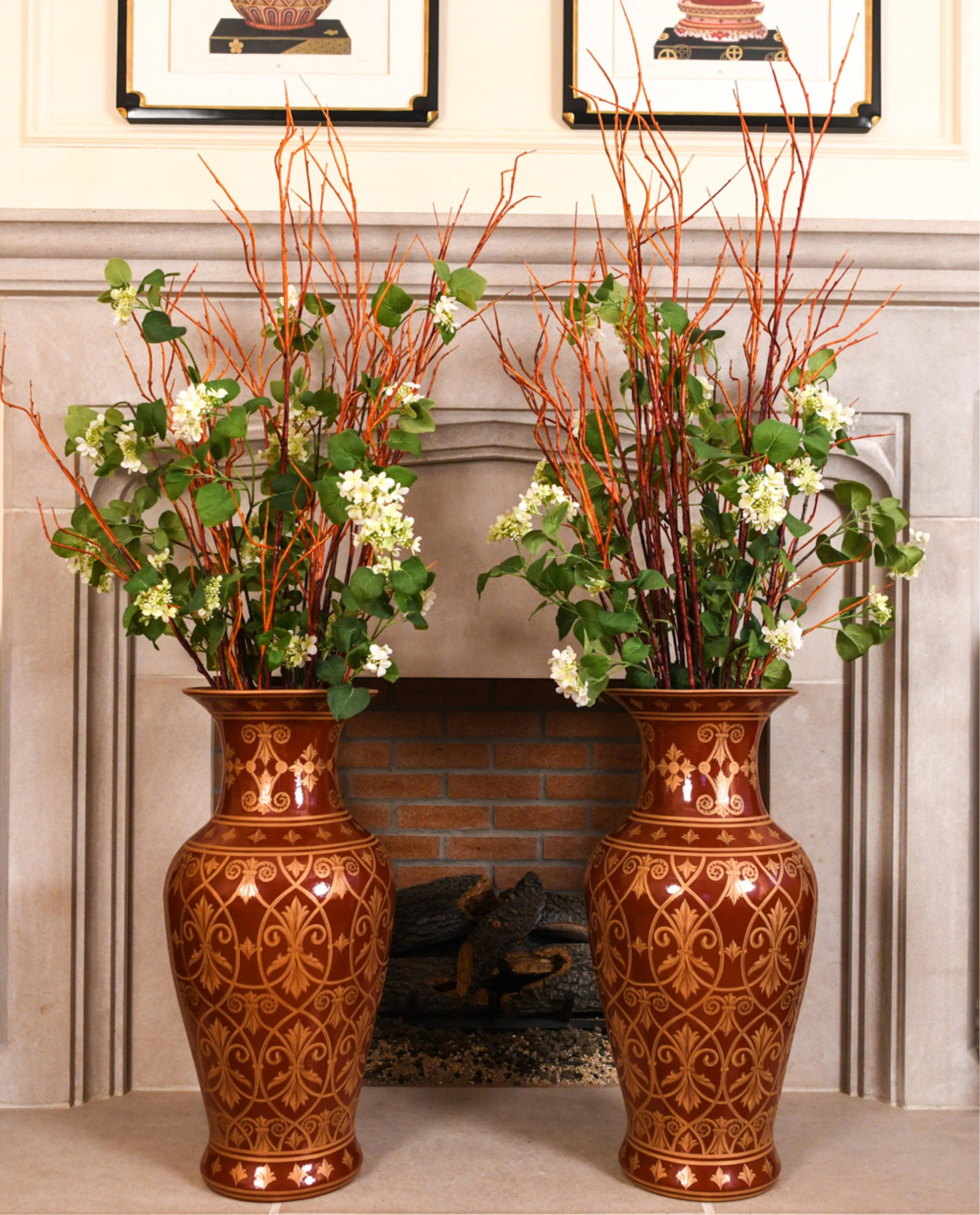 PAIR OF DECORATIVE PORCELAIN URNS W/ FAUX FLOWERS (1 of 8)