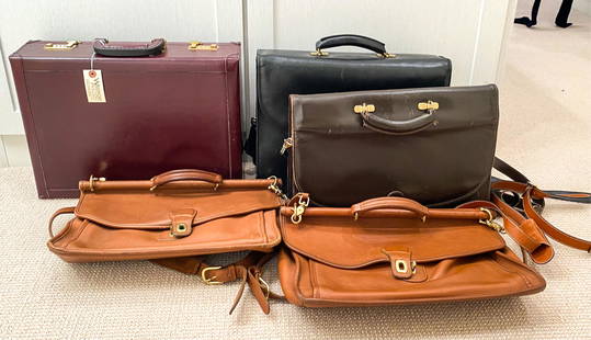 (5) VINTAGE LEATHER BRIEFCASES INCL. COACH: (5) Fine quality vintage briefcases, including (2) Coach Beekman messenger-style portfolio briefcases in British Tan leather, dating from 1998 and 2003; (2) T. Anthony locking briefcases in black and