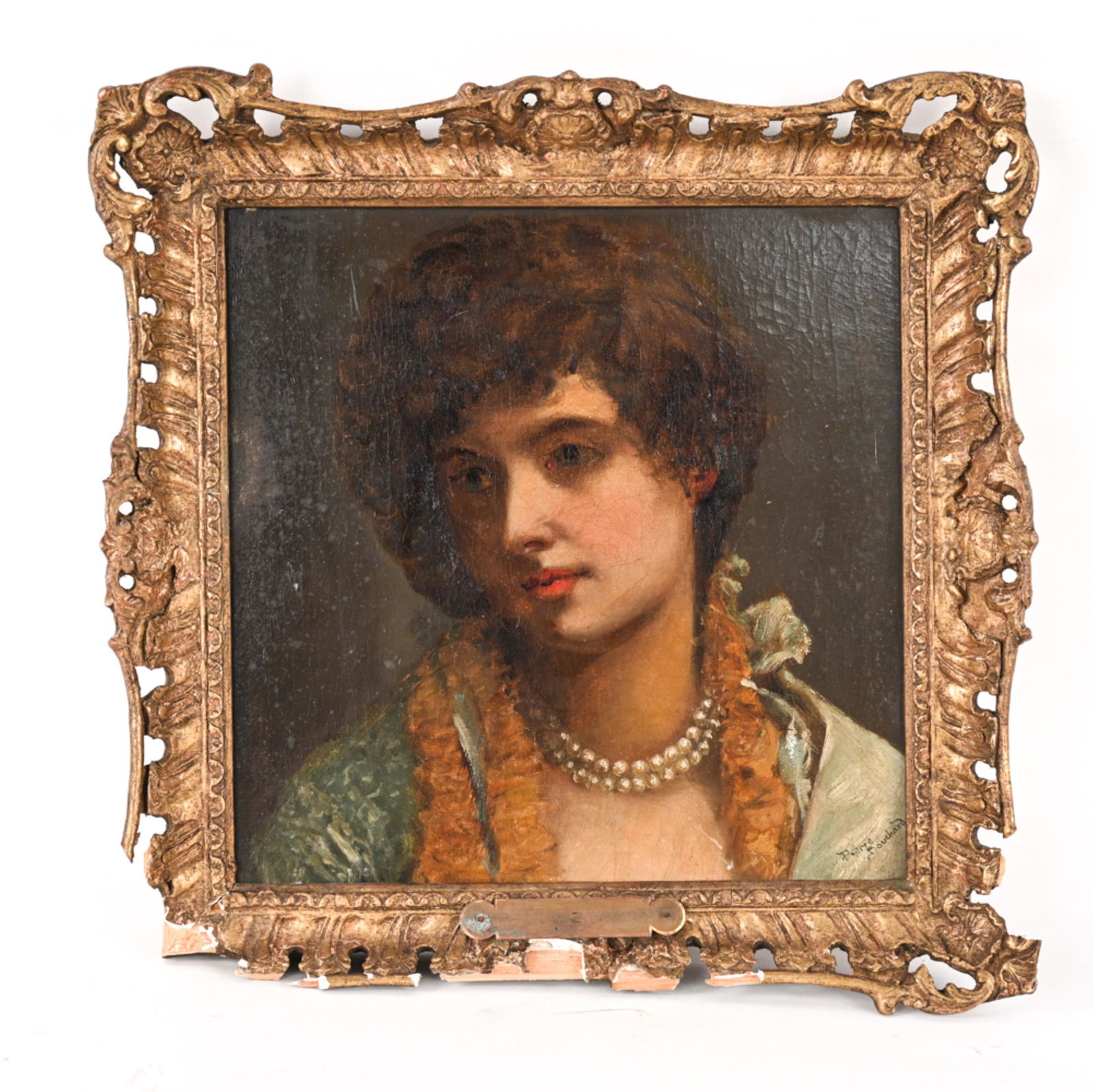 PIERRE FRANCOIS BOUCHARD, FRENCH (1831-1889) O/C: Portrait of a young woman. Signed lower right corner. Canvas laid down on masonite. Dimensions: (Frame) H 14.5" x W 14.5" (Painting) H 11.25" x W 11.25" Condition: Canvas laid down on masonite. Previo