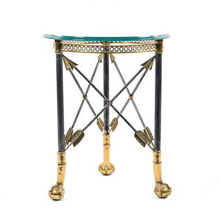 MAITLAND SMITH GUERIDON; STYLE OF ARBUS, POILLERAT: Exquisite Directoire-style gueridon side table in the manner of Andre Arbus and Gilbert Poillerat; featuring a patinated iron frame with brass ball and claw feet, crossed arrow motifs and a tempered g