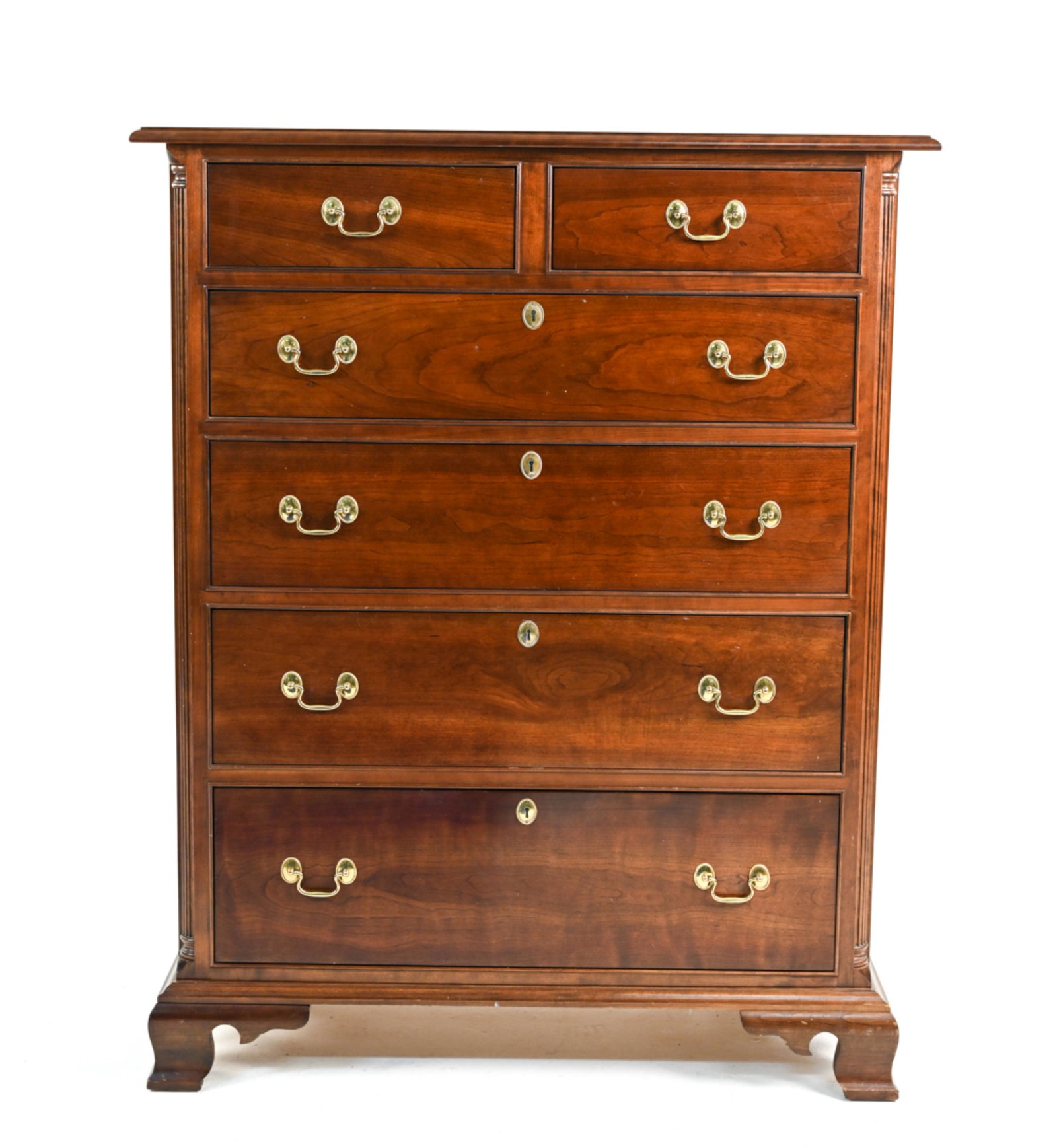 STICKLEY GEORGIAN-STYLE TALL CHEST OF DRAWERS: English Georgian-style two-over-three tall chest of drawers by Stickley, with marking inside drawer. Dimensions: H 52" x W 41.25" x D 20" Condition: Wear consistent with age and use including some fin