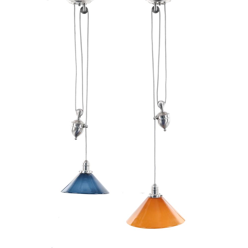 PAIR OF RISE & FALL PENDANT LIGHTS W/ EXTRA SHADES: Pair of "Rise and Fall" adjustable height pendant lights by Hudson Valley Lighting, with (4) interchangeable cased glass shades in amber and blue. Dimensions: Cord length (shortest) 29" x (longest) 73