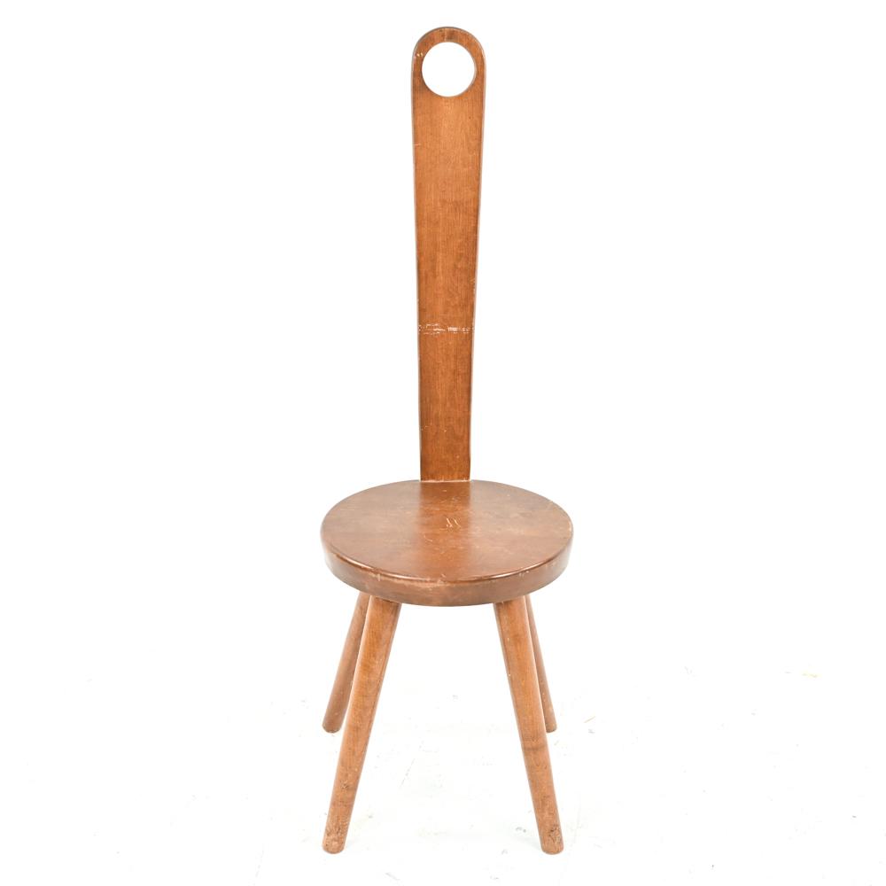 PRIMITIVE-STYLE SPINNING CHAIR: Apparently unmarked. Dimensions: H 41.75" x W 14" x D 16.5" x SH 16.25" Condition: Chair wobbles slightly; legs previously re-glued, now loose. Backrest joinery missing one wood peg. Wood with surface