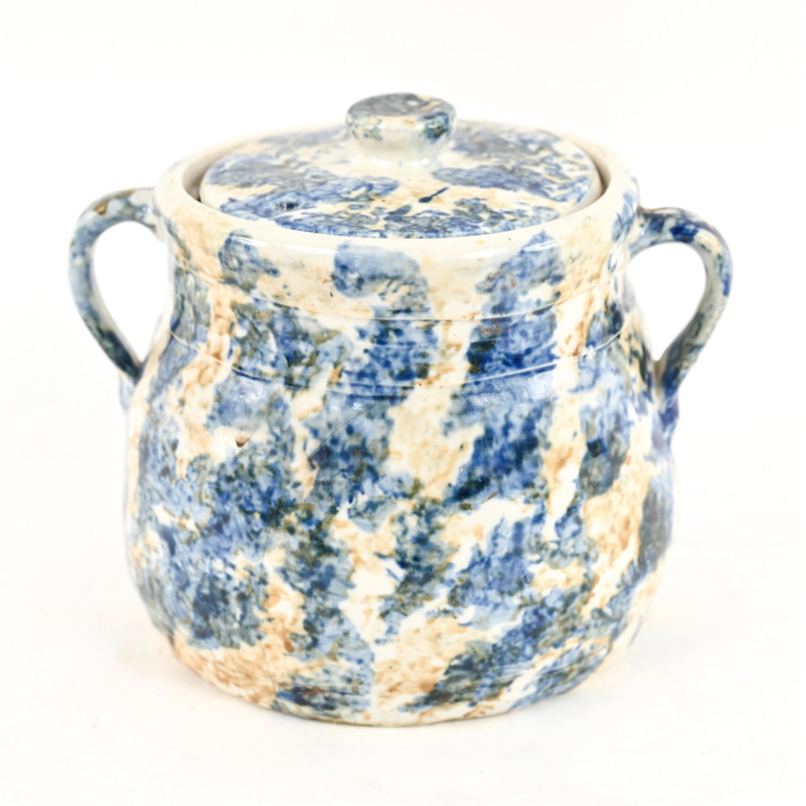 EARLY 1900'S DAN MERCER SPONGEWARE BEAN POT: Lidded crock, marked Dan Mercer Ware / Parkersburg, WV underneath. Dimensions: (With lid) H 8" x Dia. 10" Condition: Large crack to base, some interior losses to base along crack; small stress crack t