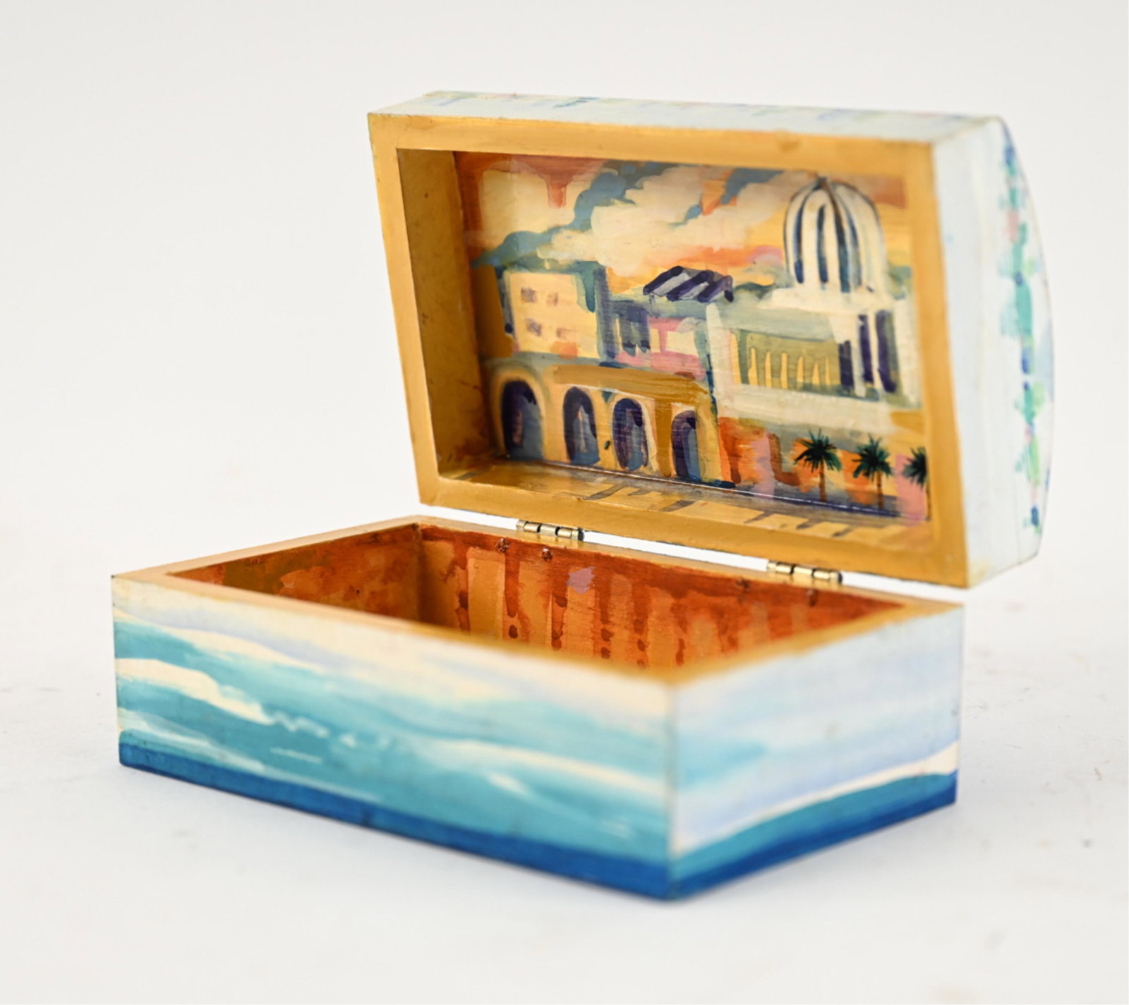 DONNA MARXER (1934-2019) PAINTED TRINKET BOX: Signed underneath; label gives title "Box of Cuba". Dimensions: H 3.25" x W 6.25" x D 3.75" Condition: Yellowing and a few drips to varnish, some surface dirt and very minor crazing to paint; a few sm